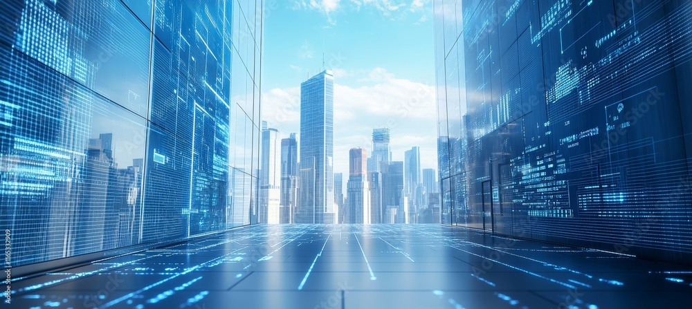 Poster virtual digital city building skyscraper. cyberspace metaverse world. generative ai technology.