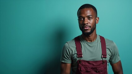 Fototapeta premium African American man in work overalls against turquoise background. Suitable for construction industry, manual work, skilled labor and professional services.