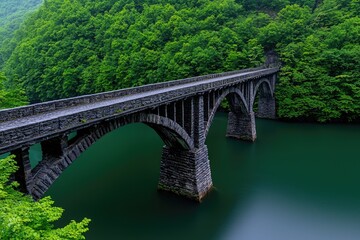 Obraz premium Scenic view of a historic bridge over water lush green forest surroundings nature photography aerial perspective