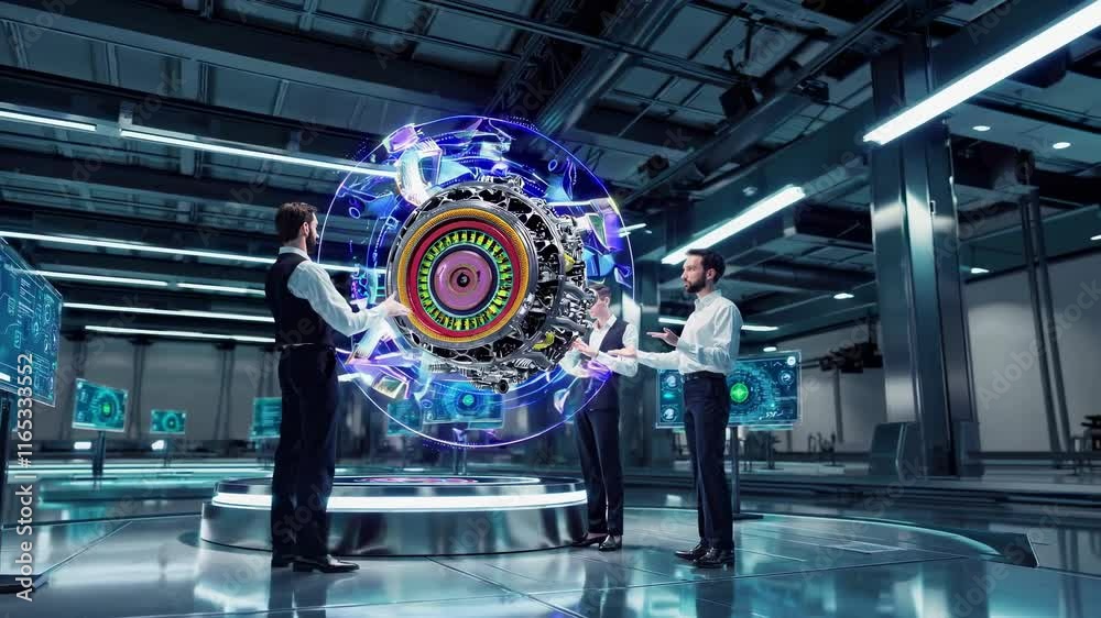 Poster engineers collaborate on advanced engine prototype in futuristic workshop setting
