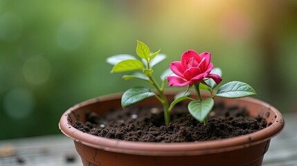 Potted Pink Rose Blooming