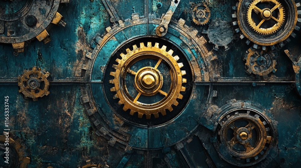 Aufkleber interlocking metal cogwheels creating an intricate steampunk inspired machine