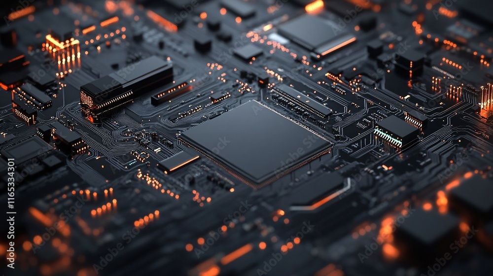 Poster Futuristic circuit board pulsating with orange lights and a cpu