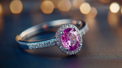 Elegant pink sapphire and diamond ring with bokeh background