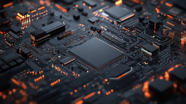 Futuristic circuit board pulsating with orange lights and a cpu