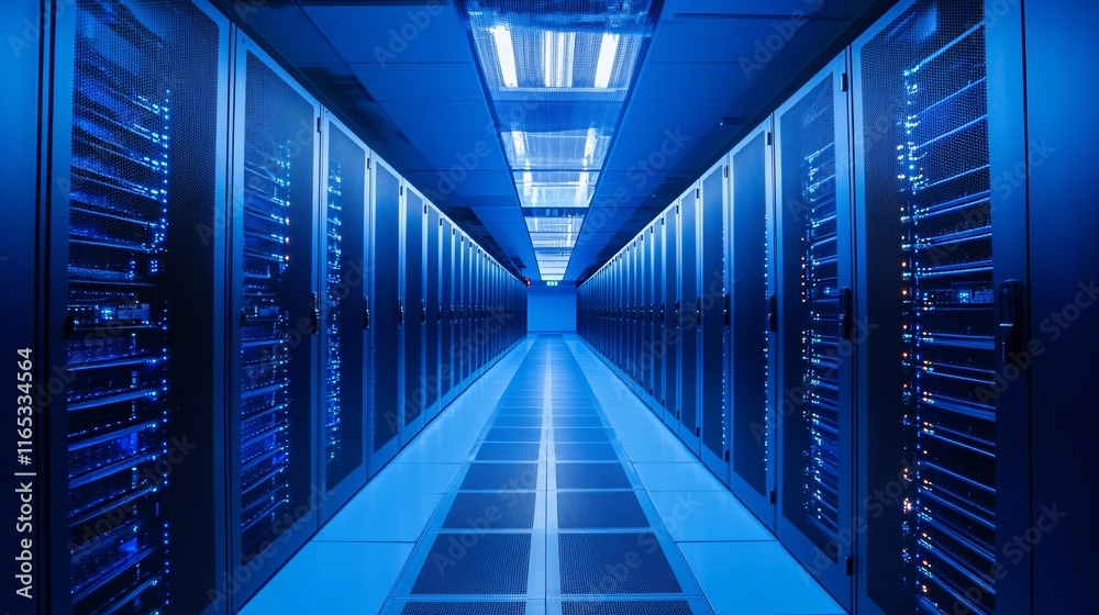 Poster server room corridor with data processing equipment blinking in blue light