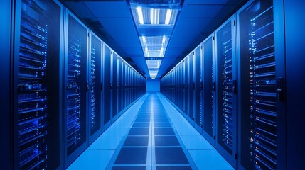 Server room corridor with data processing equipment blinking in blue light