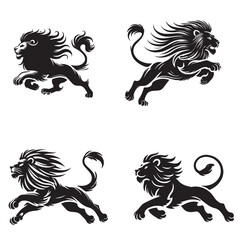 "Silhouette of Running Lion Capturing Dynamic Motion in Black and White"