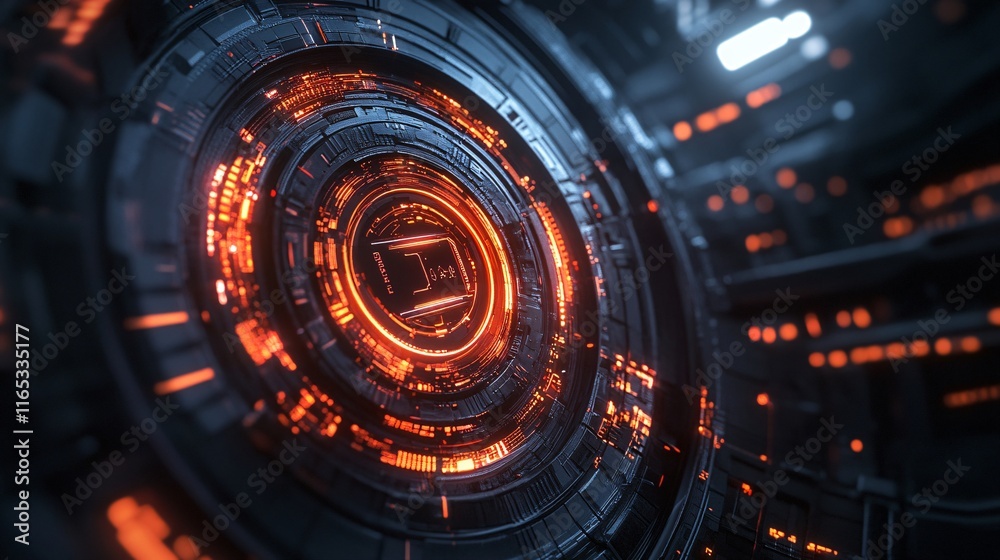 Poster futuristic glowing orange circular technology emitting light and data