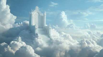 A white throne in the middle of white clouds. A throne in the sky.