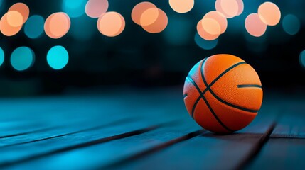 Obraz premium Small basketball on dark wood, bokeh lights.