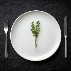 Minimalist culinary art: fresh thyme on white plate with fork and knife arrangement anorexia eating disorder concept