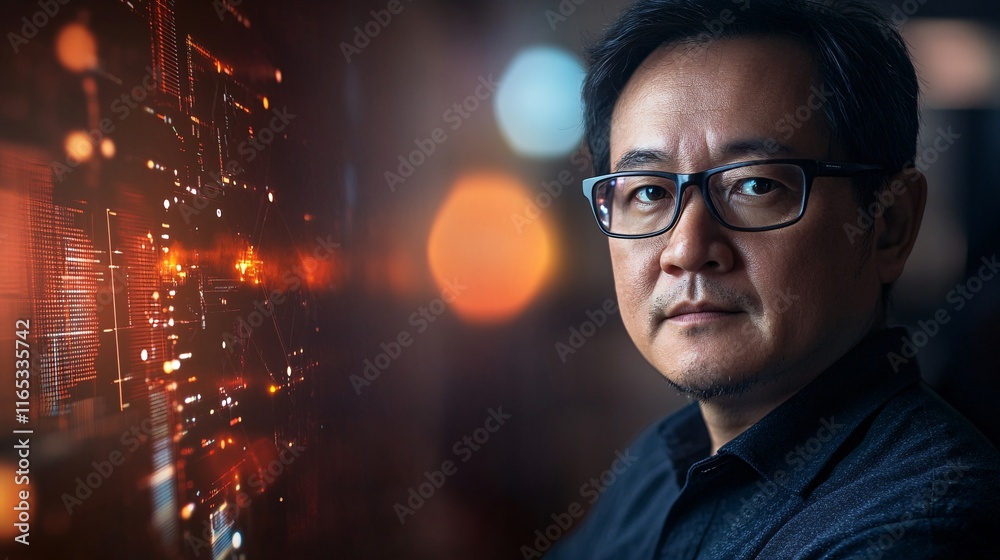 Poster It engineer analyzing big data on interactive digital screen
