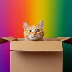 Curious orange tabby cat peeking out of a cardboard box against a colorful rainbow background