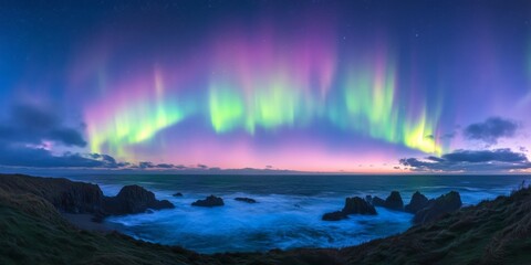 Naklejka premium Stunning northern lights display over rugged coastal landscape at dusk
