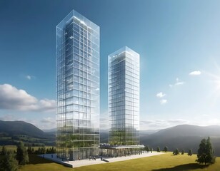 Obraz premium Twin Glass Towers Amidst Rolling Green Hills