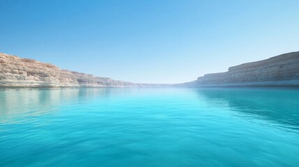 Fototapeta premium Serene blue lake with rocky cliffs under clear sky