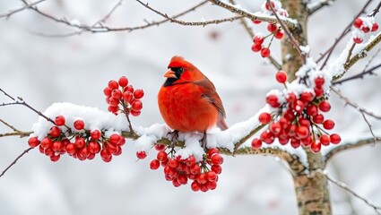Vibrant red cardinal perched on a snow-encrusted branch of a bare deciduous tree, surrounded by clusters of bright red ashberries, hawthorn berries, and rowan berries, amidst a serene winter wonderlan