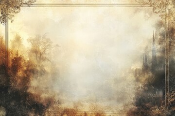 Fototapeta premium Antique Framed Landscape With Misty Forest and Castle