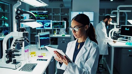 Scientists conduct research in a modern laboratory, examining data and samples during a busy workday
