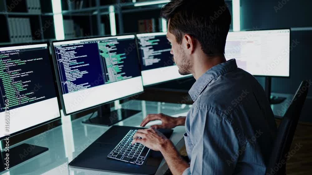 Poster Coding session in a modern workspace with multiple screens displaying programming code