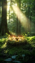 Tranquil forest scene with lit candles and sunlight through trees