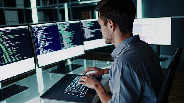 Coding session in a modern workspace with multiple screens displaying programming code