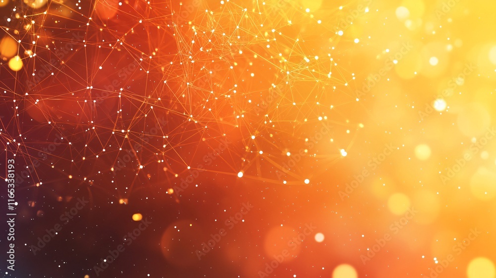 Aufkleber Orange plexus network mesh connecting points background with bokeh lights