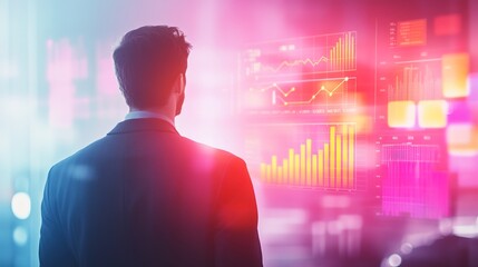 financial analyst presenting data visualizations with softly blurred office lighting and vibrant charts