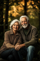 Fototapeta premium Happy senior couple sitting outdoors, surrounded by nature, with soft lighting and warm tones to create a cozy atmosphere.