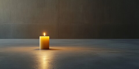 Solitary lit candle on smooth surface in dimly lit room