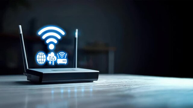 A wireless router with glowing internet symbols on a table, symbolizing home mesh networks and the flow of home wifi signals in a modern, connected home