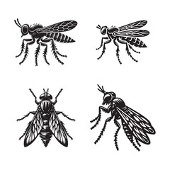 4 sets of black silhouette of  Locust Showcasing Majestic Features in Black and White