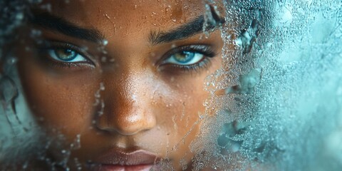 Intense gaze of african female with blue eyes behind frosted glass