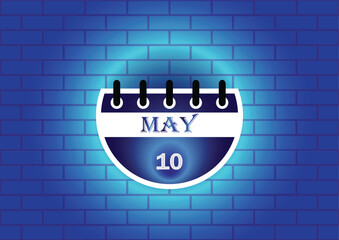 Obraz premium A stylized calendar page for May 10th is displayed against a blue brick wall background. The design is clean and modern, ideal for various uses.