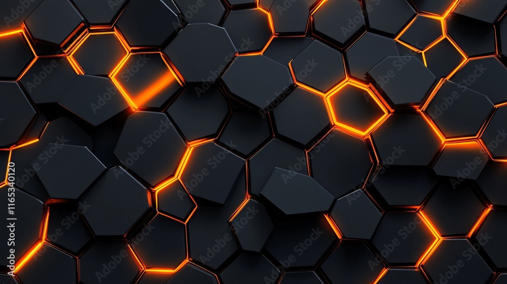 Poster black hexagonal surface emitting orange light, futuristic abstract background