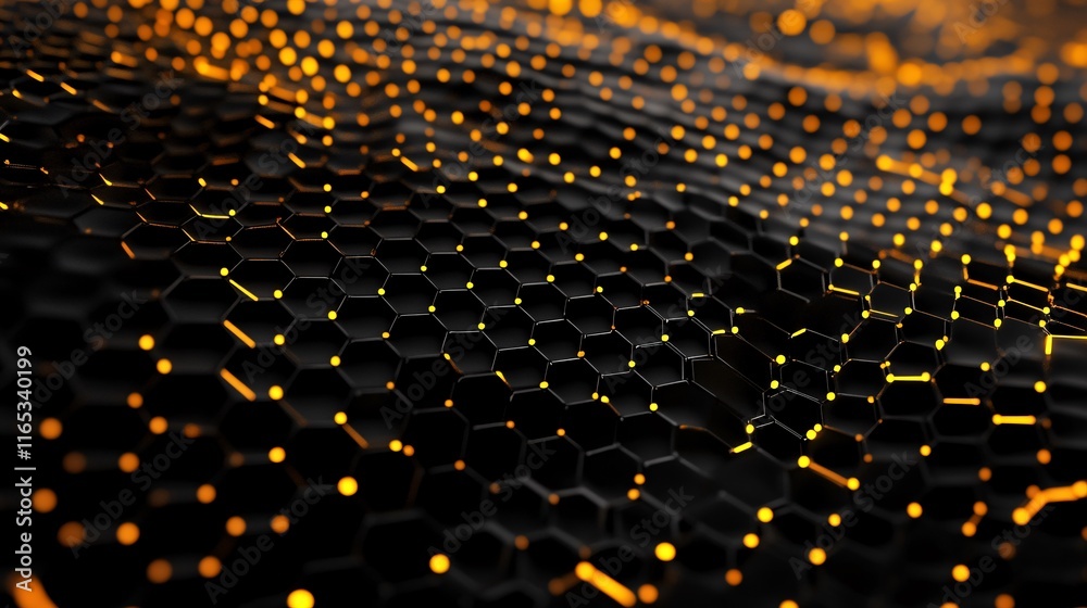 Poster futuristic black hexagonal surface glowing with golden particles