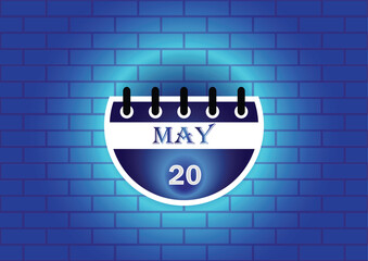 A stylized calendar page displaying May 20th is showcased against a backdrop of a blue brick wall.  The design is minimalist and modern, ideal for various applications.
