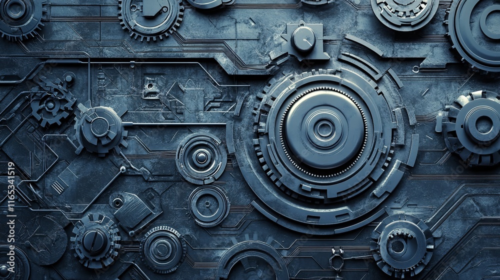 Aufkleber Futuristic metallic panel showing rotating gears and circuitry