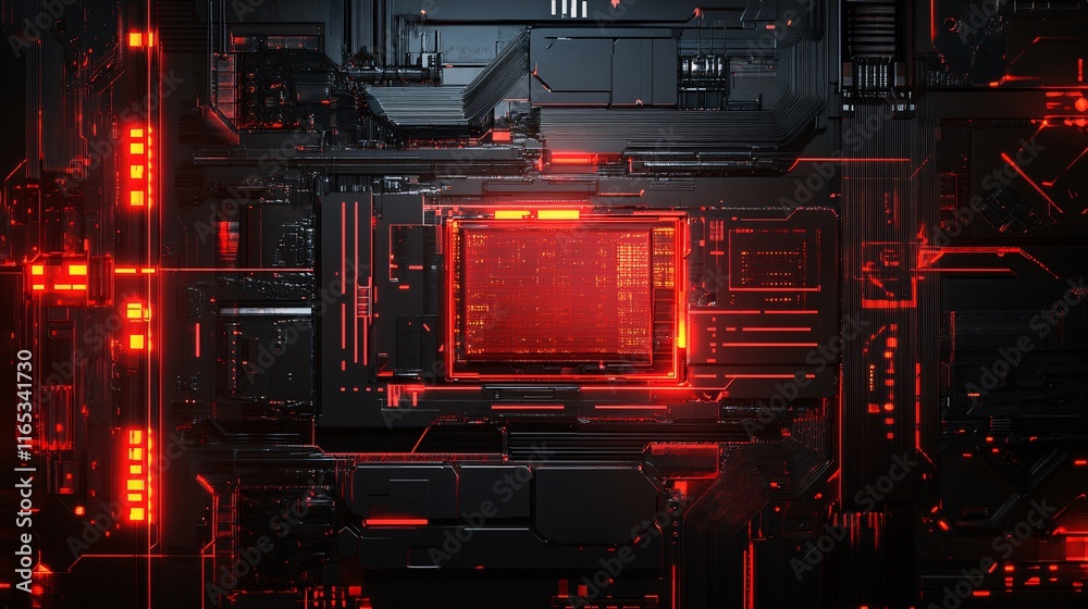 Poster Quantum computing processing futuristic red cpu data flowing through motherboard