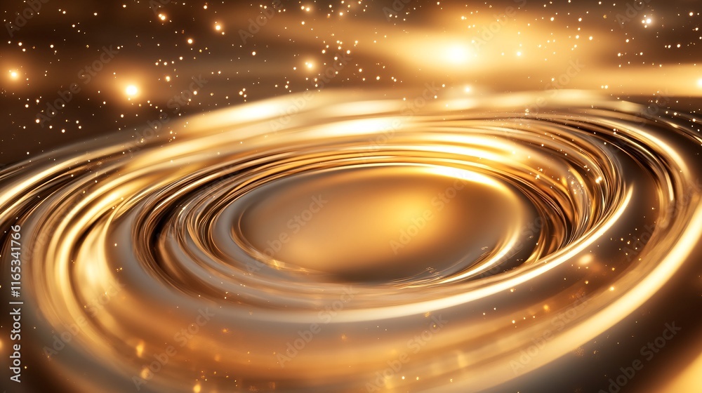 Poster golden swirling liquid forming concentric circles with glowing particles and bright background