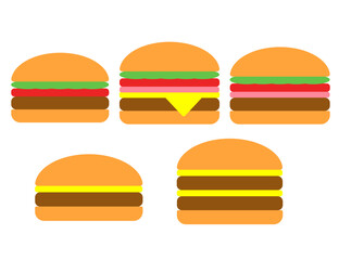 ハンバーガー（BLTバーガー、チーズバーガー、ダブルチーズバーガー）のアイコンのイラストのセット
