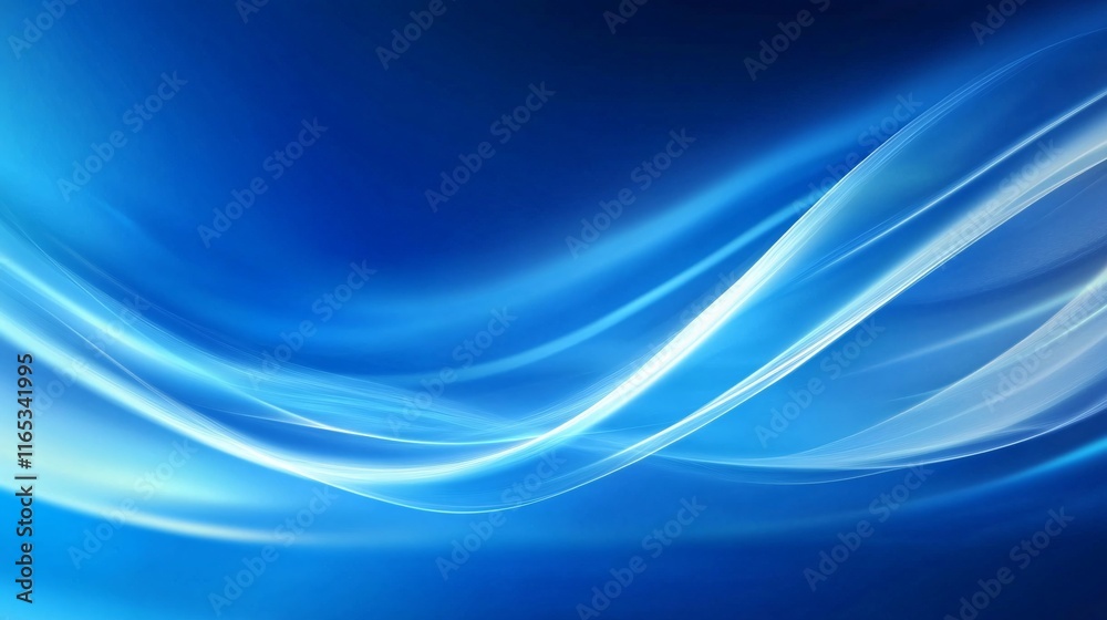 Poster Abstract blue background with flowing light lines creating dynamic waves