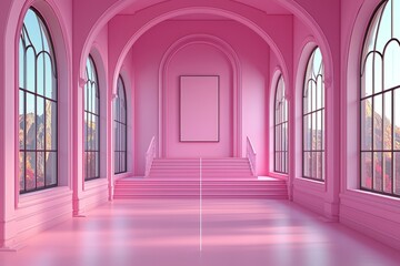Fototapeta premium Pink Hallway With Arched Windows And Staircase