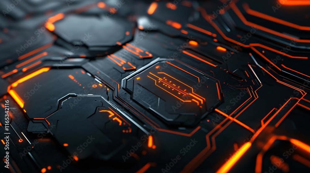 Poster futuristic glowing orange circuit board showing data processing