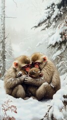 Obraz premium Adorable Monkeys Embracing in Snowy Forest Scene