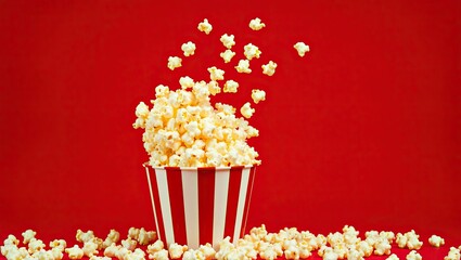 Striped red and white paper box with popcorn against a red background. Popcorn flies out of the bucket. Blast and levitation of popcorn grains. The concept of viewing...
