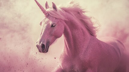Naklejka premium Majestic Pink Unicorn Surrounded by Sparkling Dust in Dreamy Fantasy Landscape