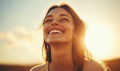 Happy woman enjoying sunset, radiant smile, healthy skin.
