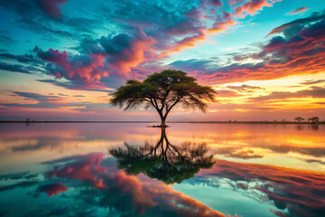 lone acacia tree stands against vibrant sunset, reflecting in calm water